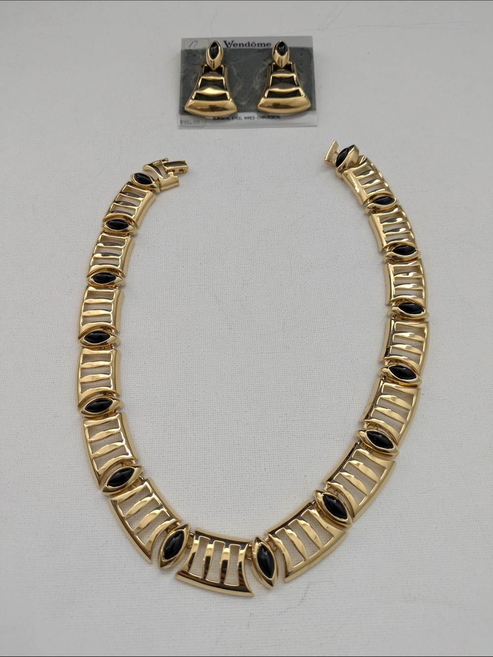 Vintage Vendome Gold Plated Necklace and Earring Set with Black Accents